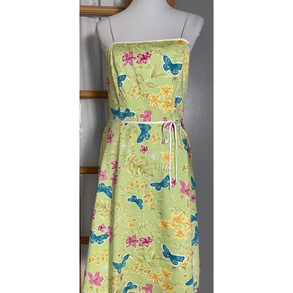 80s B Smart Floral Dress Juniors 11/12 Gold Blue Butterfly Spaghetti Strap Boho